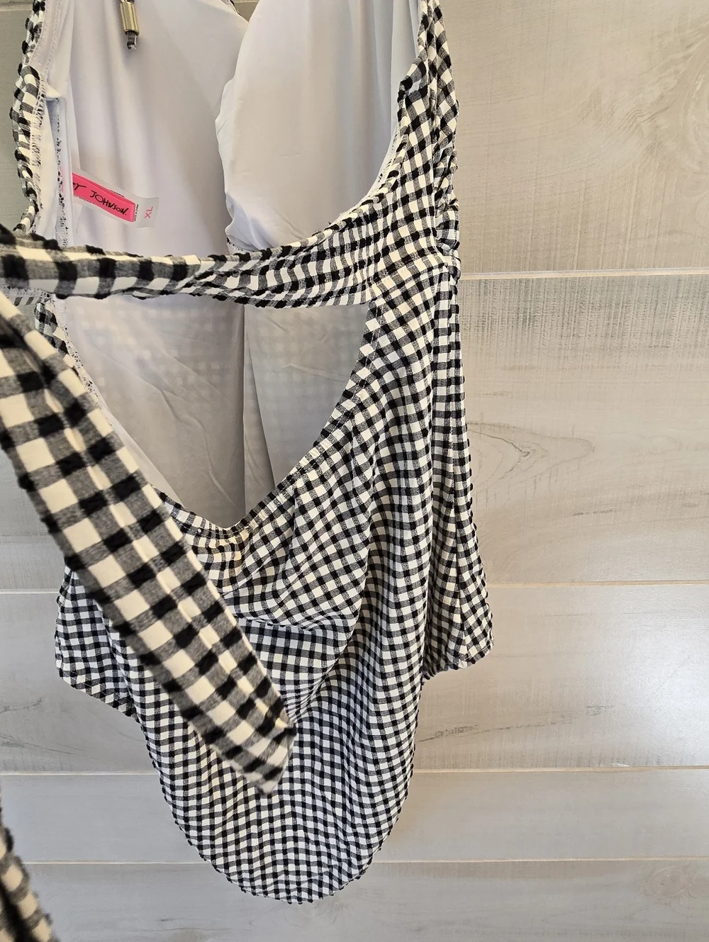 {XL} Betsey Johnson Retro Black Gingham Halter Bandeu Cut Out One Piece Swimsuit